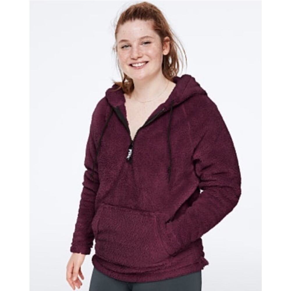 PINK Hooded Half Zip Sherpa Pullover Size Medium Victoria’s Secret Plum Pocket